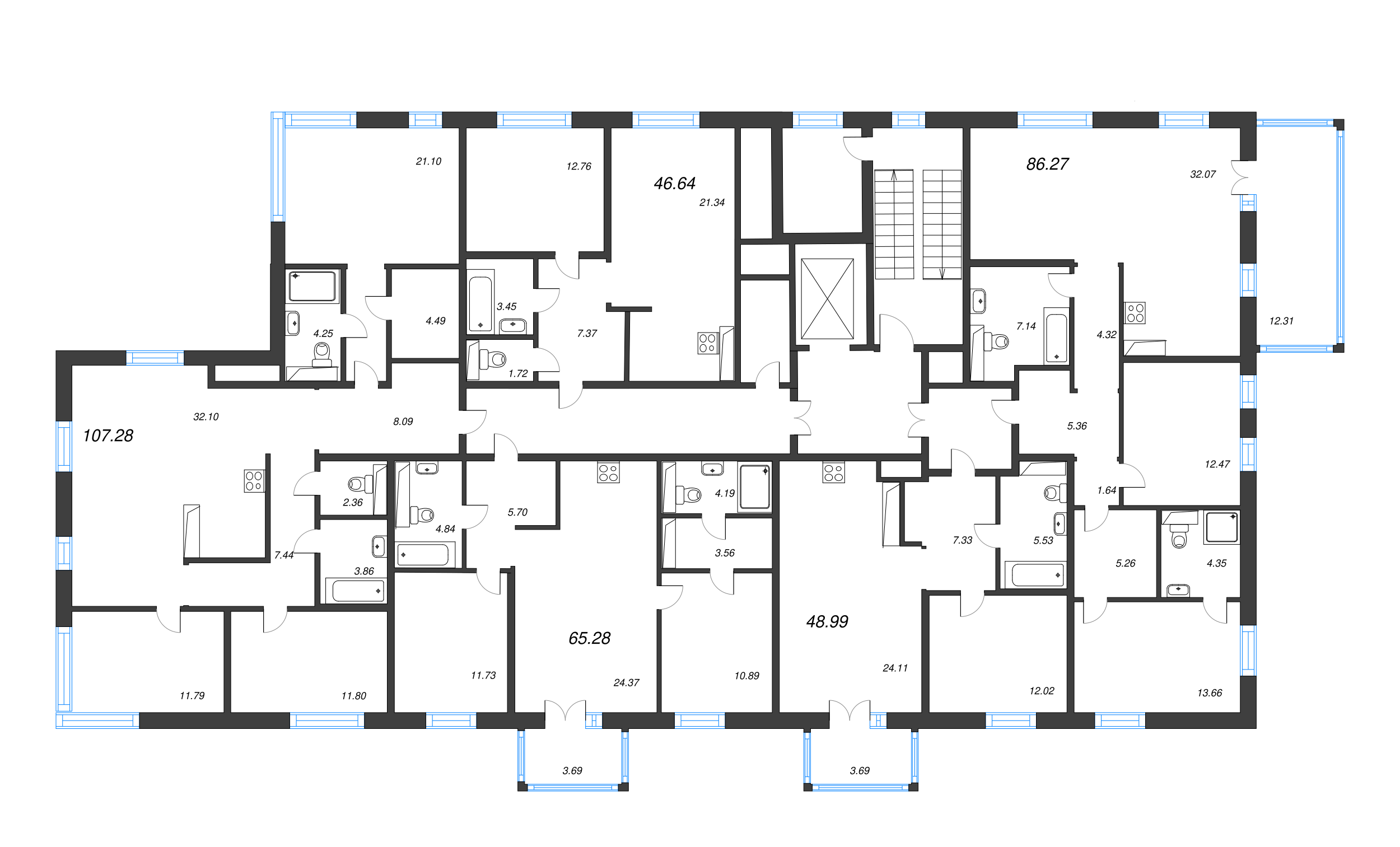 3-комнатная (Евро) квартира, 65.28 м² - планировка этажа