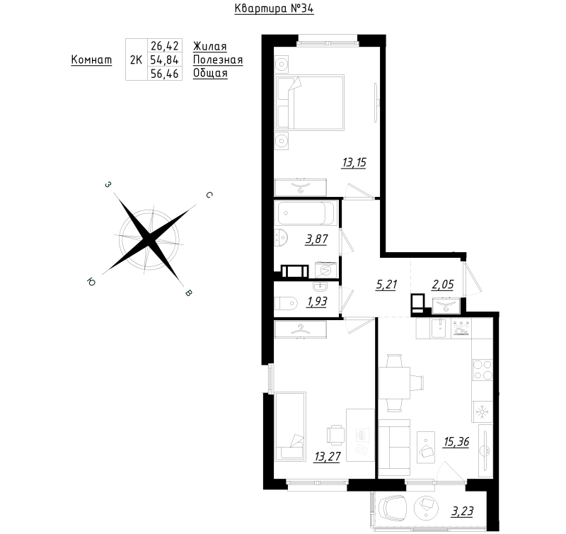 3-комнатная (Евро) квартира, 56.71 м² в ЖК "Счастье 2.0" - планировка, фото №1