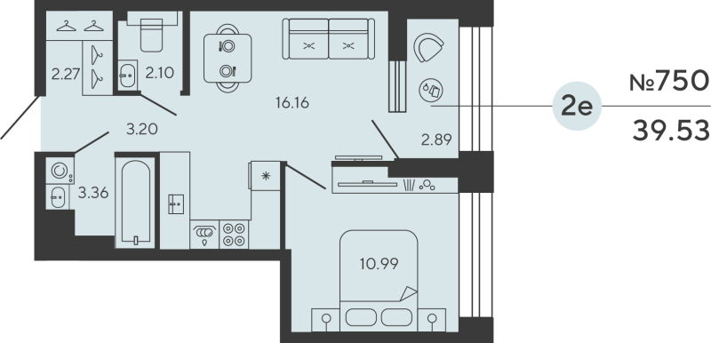 2-комнатная (Евро) квартира, 39.53 м² в ЖК "Башни Элемент" - планировка, фото №1