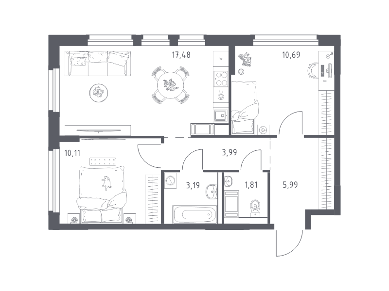 3-комнатная (Евро) квартира, 53.26 м² в ЖК "Новое Колпино" - планировка, фото №1