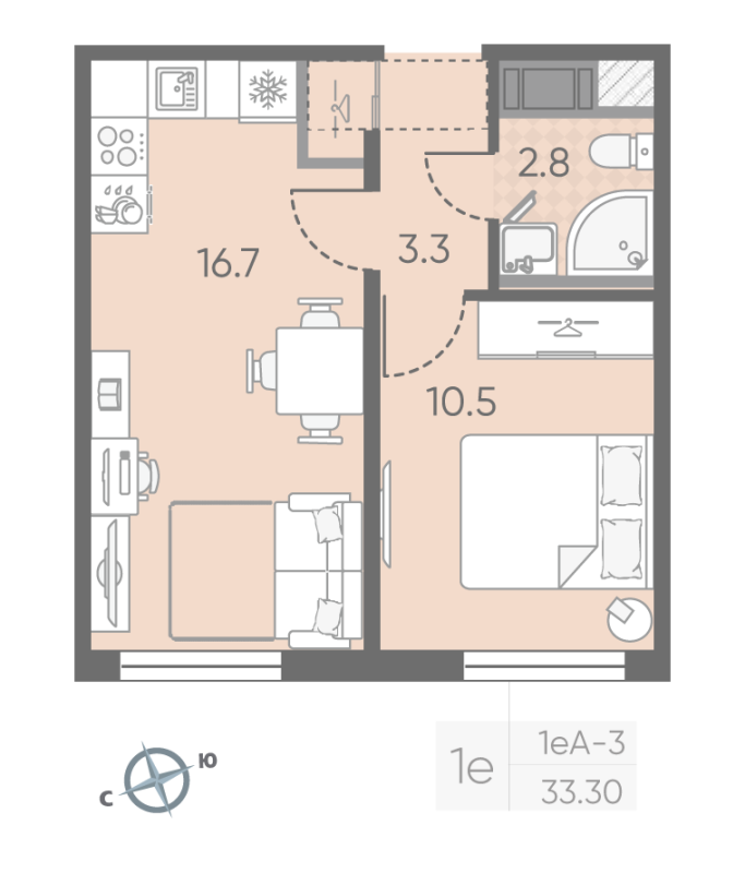 2-комнатная (Евро) квартира, 33.3 м² в ЖК "Октябрьская набережная" - планировка, фото №1