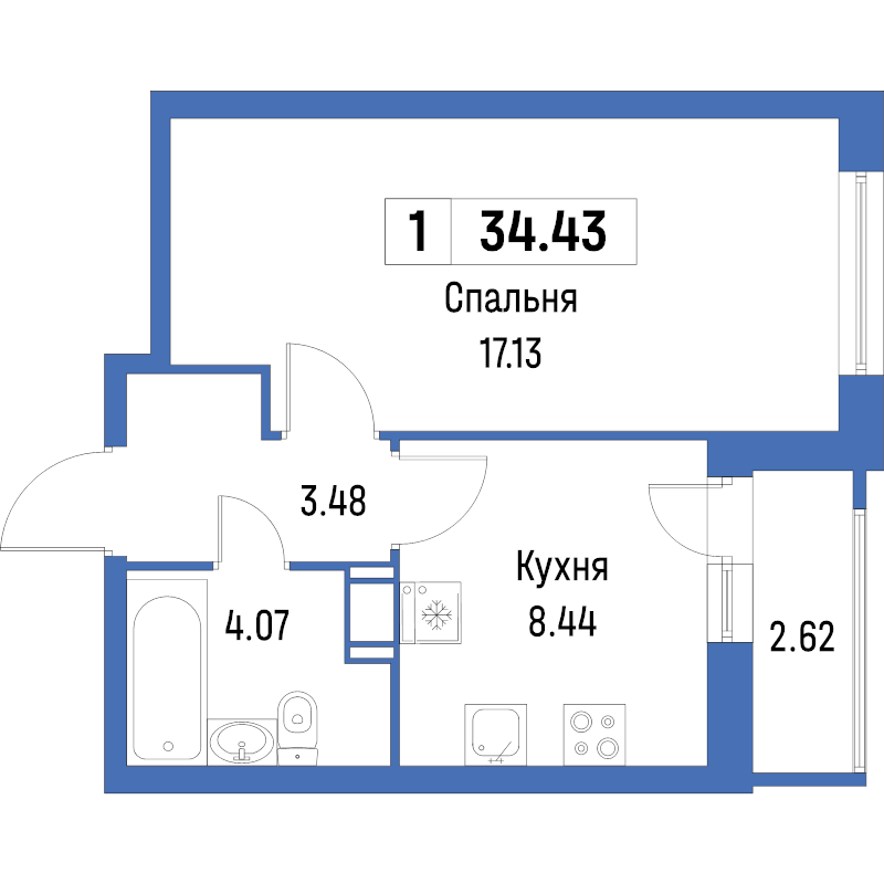 1-комнатная квартира, 34.43 м² - планировка, фото №1