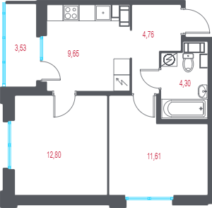 2-комнатная квартира, 44.89 м² в ЖК "Город-спутник Южный" - планировка, фото №1