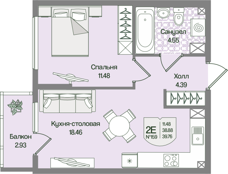 2-комнатная (Евро) квартира, 39.75 м² в ЖК "Охтинские высоты" - планировка, фото №1