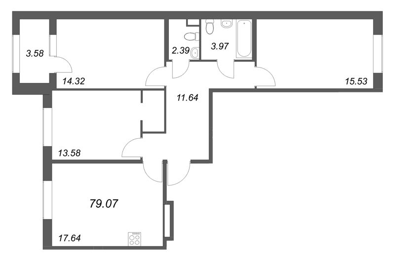 4-комнатная (Евро) квартира, 79.07 м² в ЖК "Дубровский" - планировка, фото №1