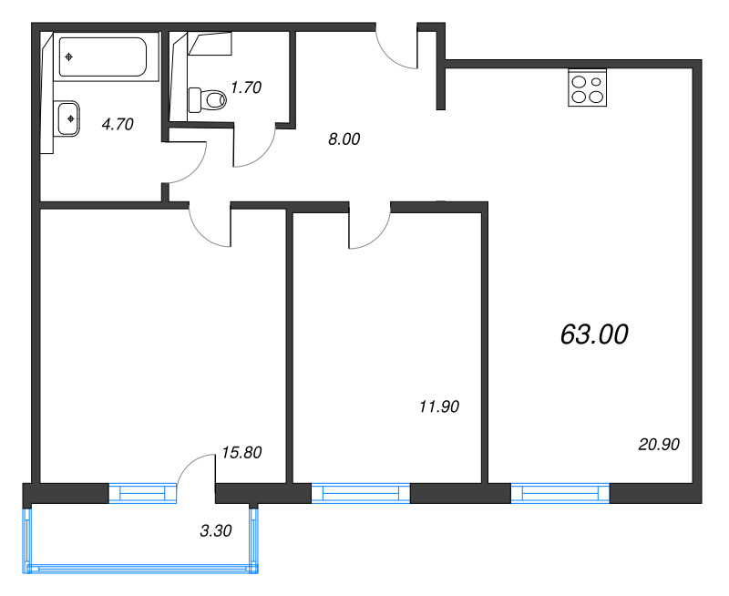 3-комнатная (Евро) квартира, 63 м² в ЖК "Руднева 15" - планировка, фото №1