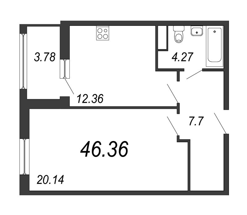 1-комнатная квартира, 47 м² - планировка, фото №1