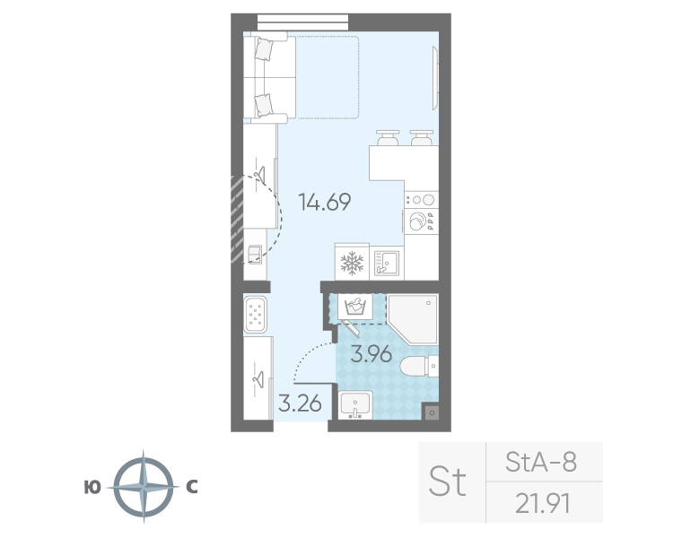 Квартира-студия, 21.91 м² в ЖК "Морская миля" - планировка, фото №1