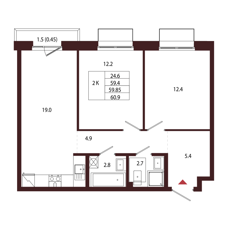 3-комнатная (Евро) квартира, 59.85 м² в ЖК "Лисино" - планировка, фото №1