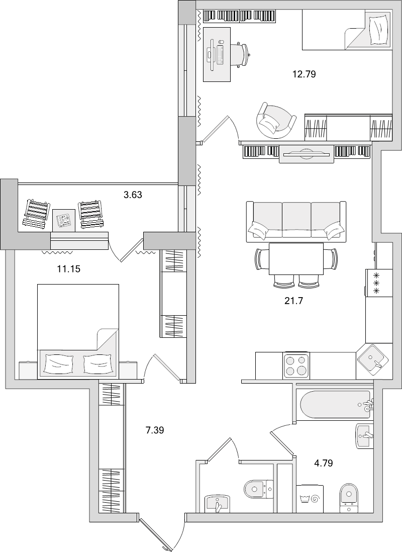 3-комнатная (Евро) квартира, 57.57 м² - планировка, фото №1