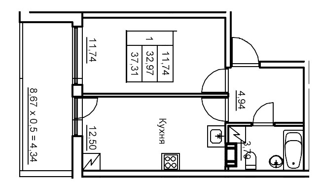 1-комнатная квартира, 38.2 м² в ЖК "Панорама Юкки" - планировка, фото №1