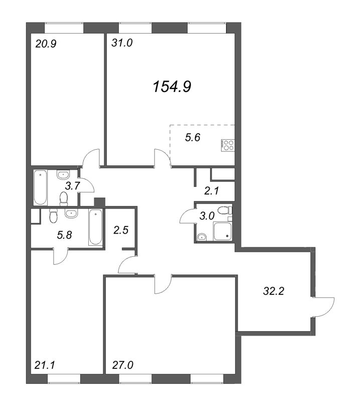 4-комнатная (Евро) квартира, 155.7 м² - планировка, фото №1