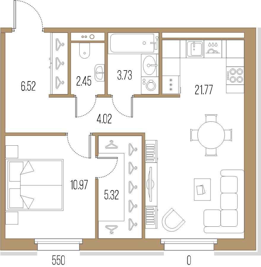 2-комнатная (Евро) квартира, 54.78 м² в ЖК "Большой Сампсониевский, 32" - планировка, фото №1