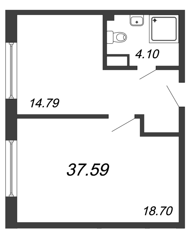 1-комнатная квартира, 37.59 м² - планировка, фото №1