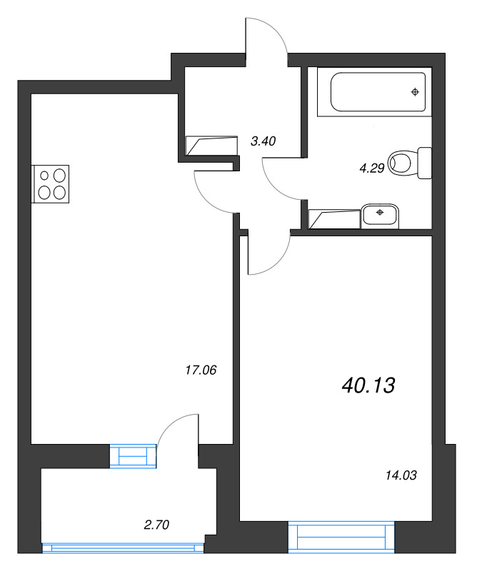 2-комнатная (Евро) квартира, 40.13 м² в ЖК "Аквилон Leaves" - планировка, фото №1