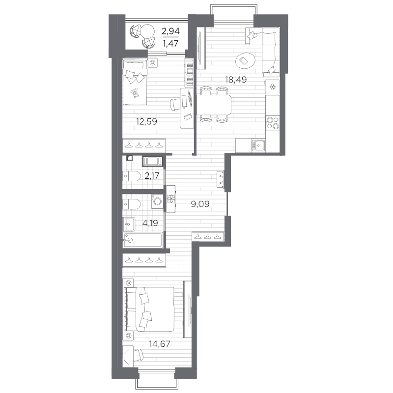 3-комнатная (Евро) квартира, 62.67 м² в ЖК "Респект" - планировка, фото №1