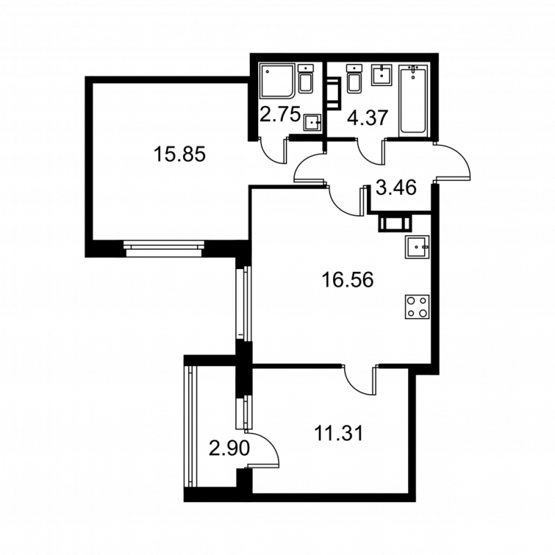 3-комнатная (Евро) квартира, 55.75 м² в ЖК "Квартал Заречье" - планировка, фото №1