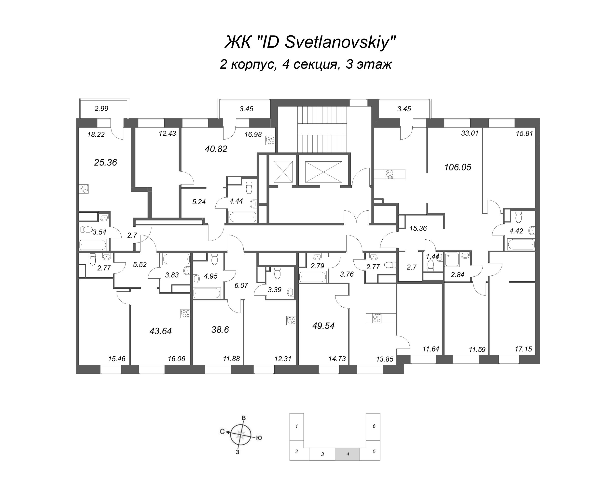 1-комнатная квартира, 38.6 м² в ЖК "ID Svetlanovskiy" - планировка этажа