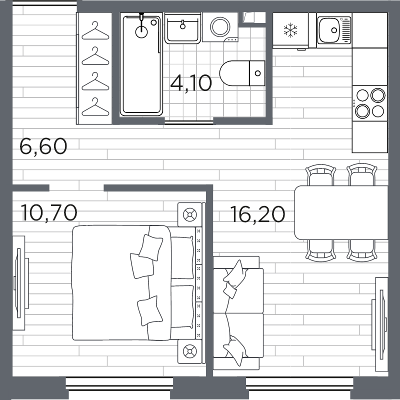 2-комнатная (Евро) квартира, 37.6 м² в ЖК "PLUS Пулковский" - планировка, фото №1