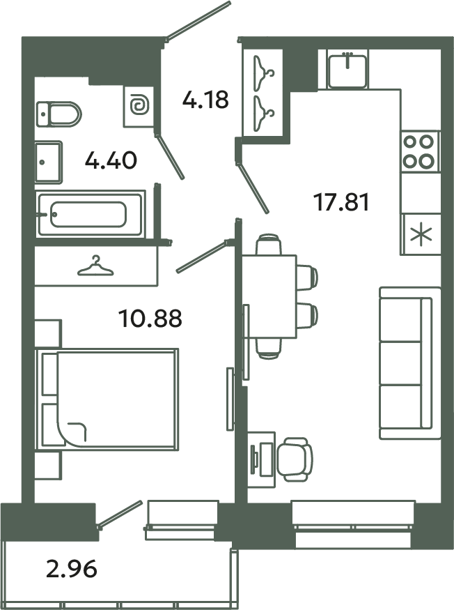 2-комнатная (Евро) квартира, 38.16 м² в ЖК "Загляденье" - планировка, фото №1