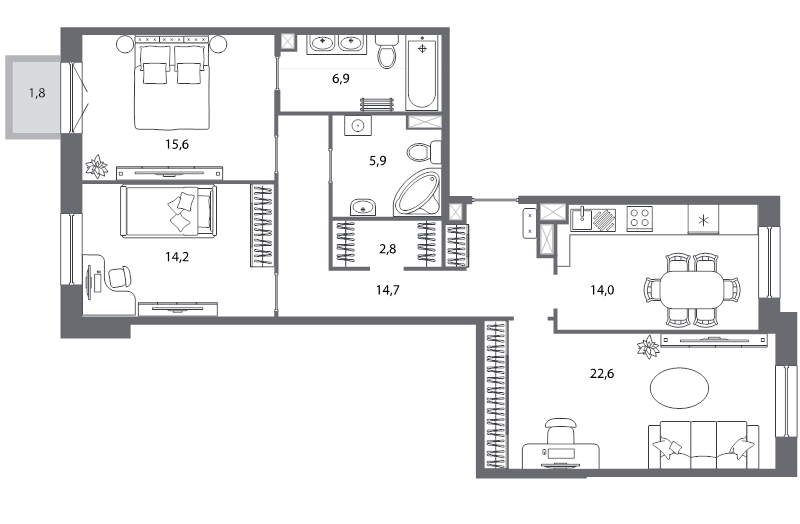 3-комнатная квартира, 97.2 м² - планировка, фото №1