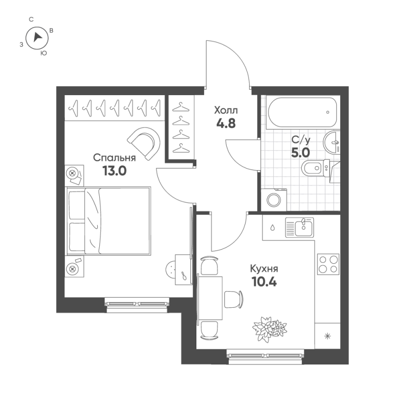 1-комнатная квартира, 33.2 м² в ЖК "Клюква.Парк" - планировка, фото №1