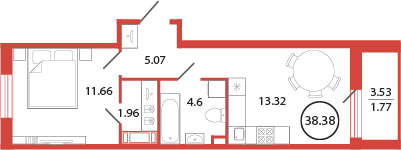 1-комнатная квартира, 38.38 м² - планировка, фото №1