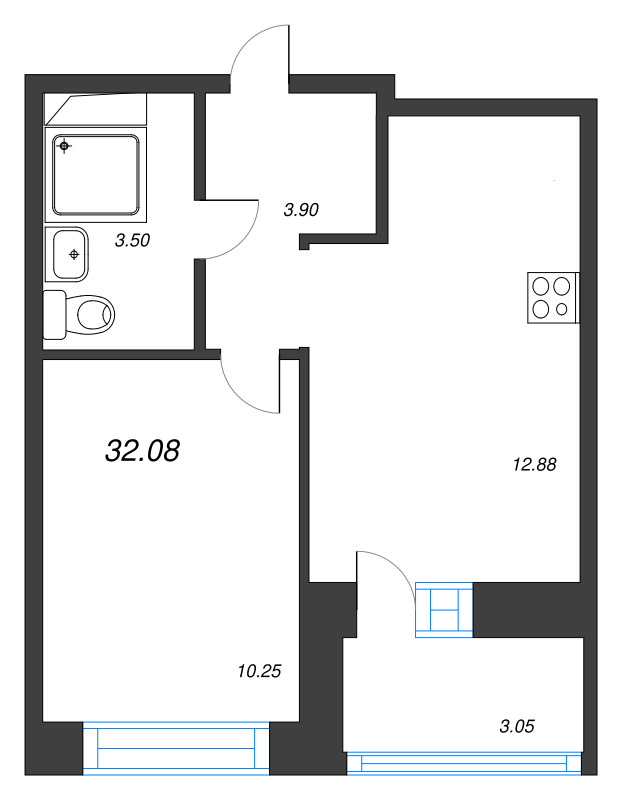 1-комнатная квартира, 32.08 м² в ЖК "Уютный" - планировка, фото №1
