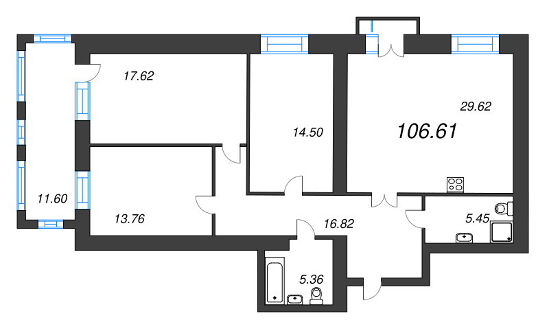 3-комнатная квартира, 107.1 м² - планировка, фото №1