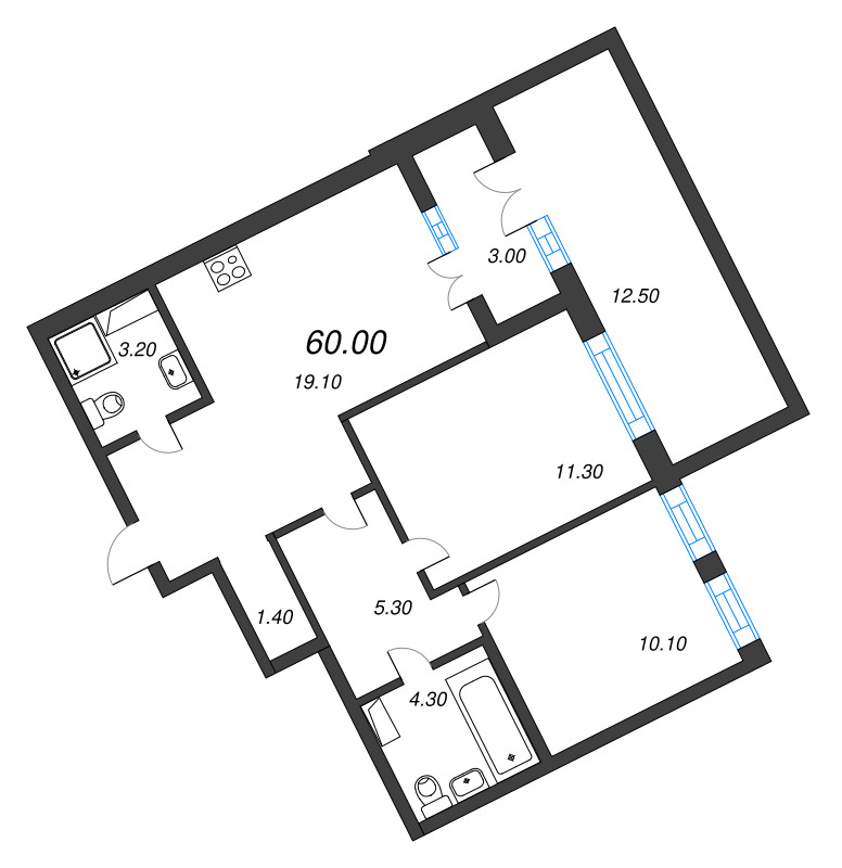 3-комнатная (Евро) квартира, 60.3 м² в ЖК "NewПитер 2.0" - планировка, фото №1