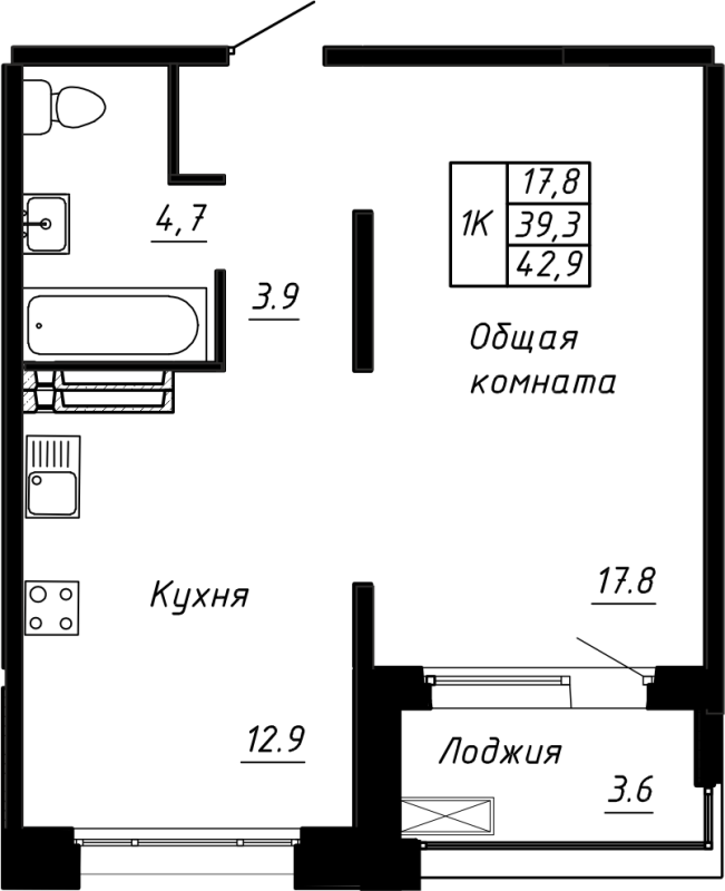 1-комнатная квартира, 42.9 м² в ЖК "Сибирь" - планировка, фото №1