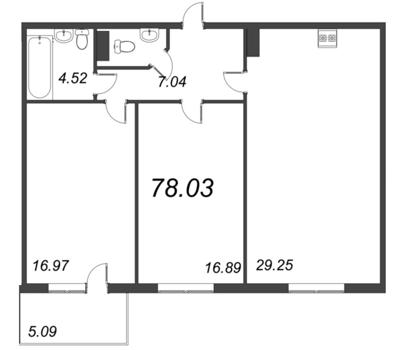 3-комнатная (Евро) квартира, 78.03 м² - планировка, фото №1