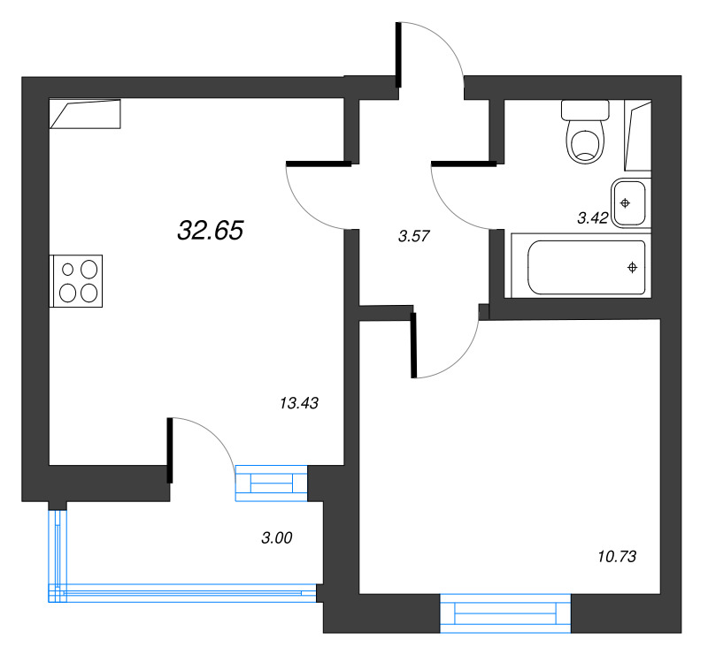 2-комнатная (Евро) квартира, 32.65 м² в ЖК "Лето" - планировка, фото №1