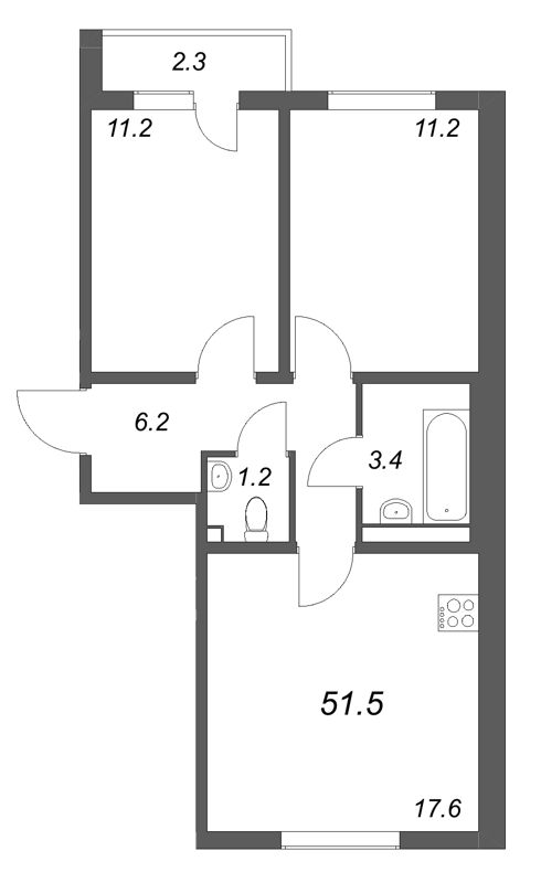 3-комнатная (Евро) квартира, 51.5 м² в ЖК "ЛСР. Ржевский парк" - планировка, фото №1