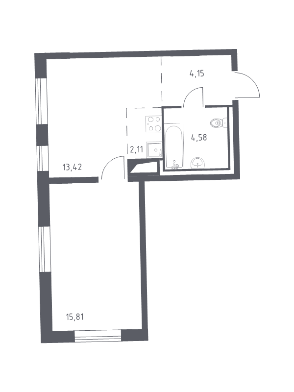 2-комнатная (Евро) квартира, 40.07 м² - планировка, фото №1