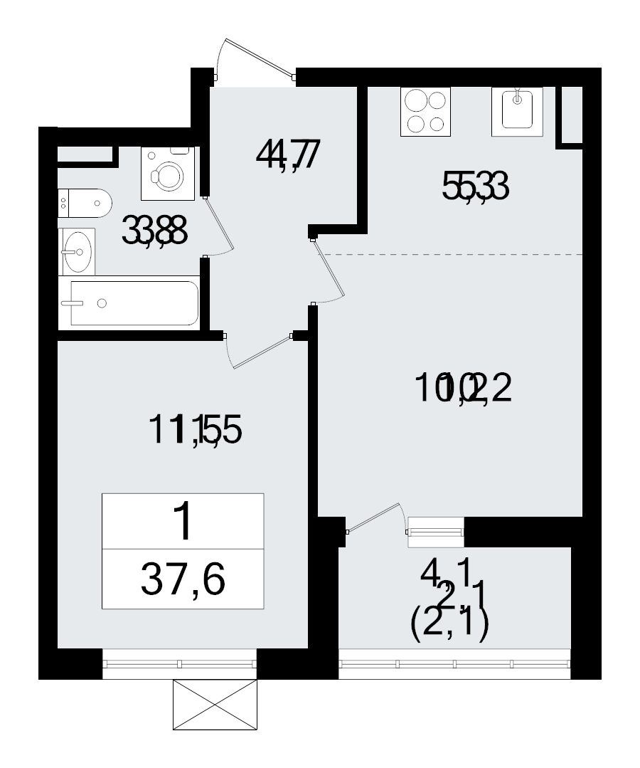 2-комнатная (Евро) квартира, 37.6 м² в ЖК "А101 Всеволожск" - планировка, фото №1