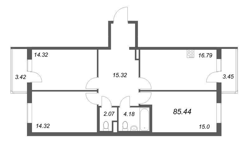 4-комнатная (Евро) квартира, 85.44 м² в ЖК "Новая история" - планировка, фото №1