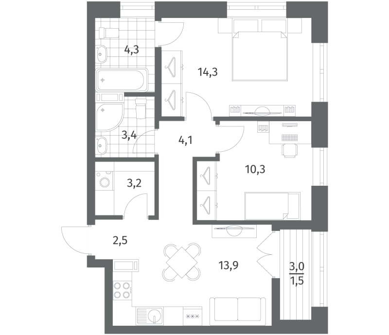 2-комнатная квартира, 57.4 м² в ЖК "NewПитер 2.0" - планировка, фото №1