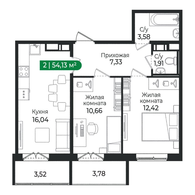 3-комнатная (Евро) квартира, 54.13 м² в ЖК "Сертолово Парк" - планировка, фото №1