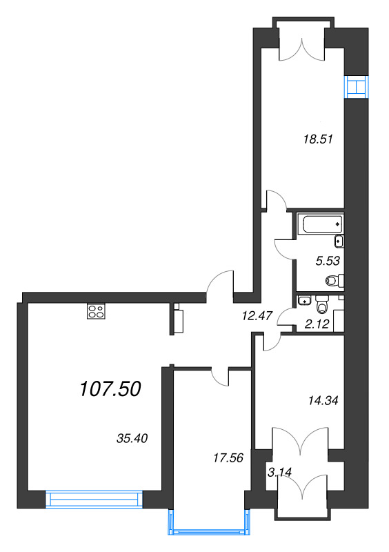 3-комнатная квартира, 107.5 м² - планировка, фото №1