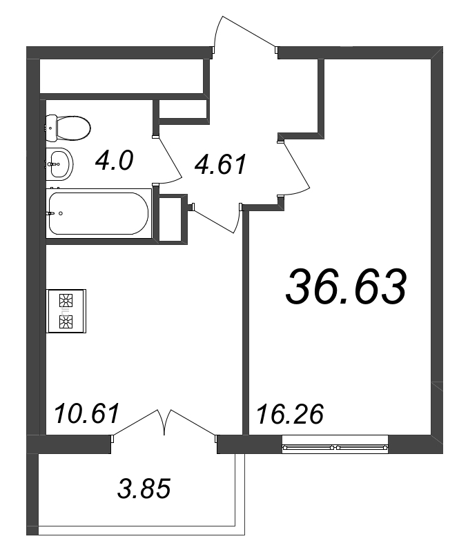 1-комнатная квартира, 36.63 м² - планировка, фото №1