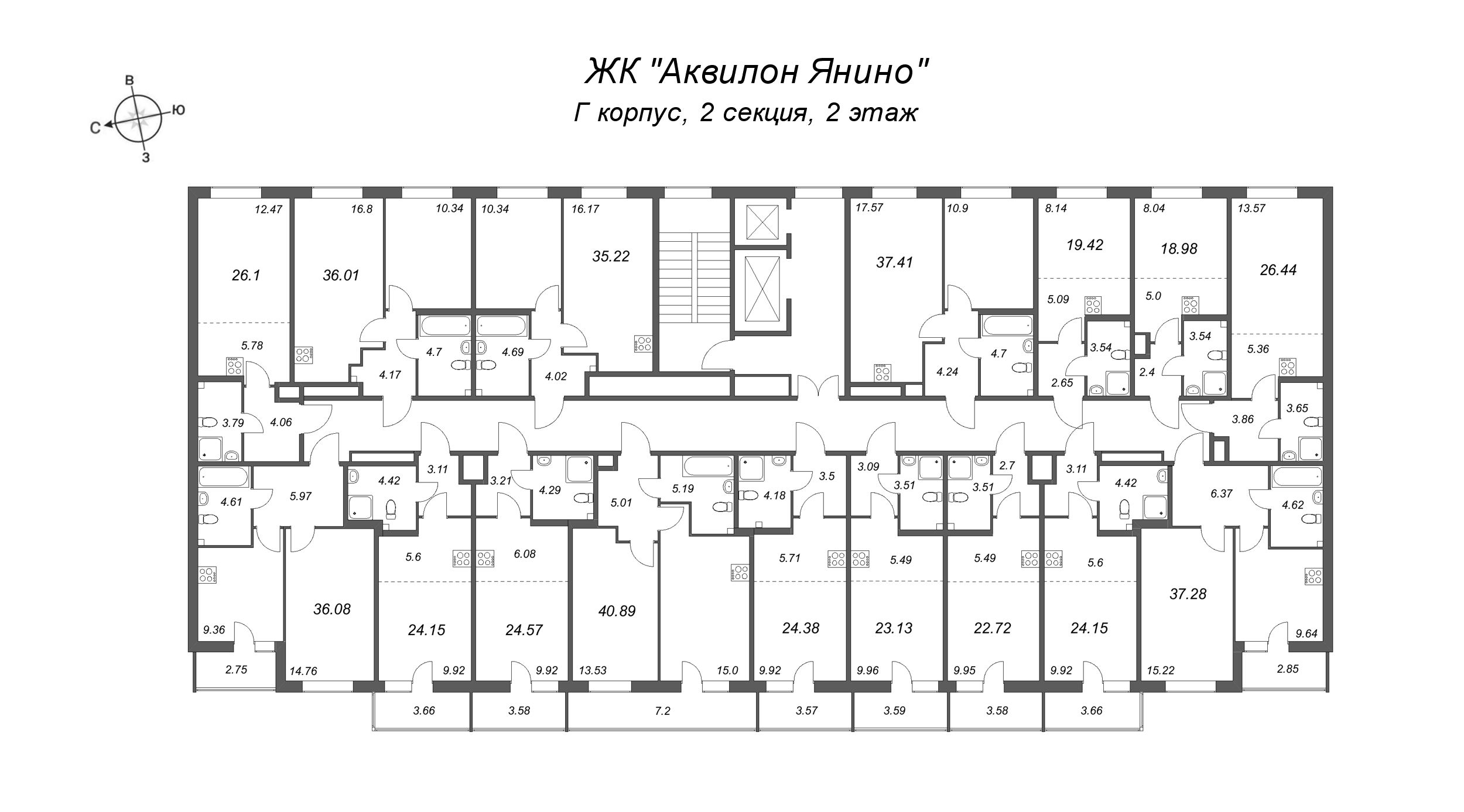 2-комнатная (Евро) квартира, 37.41 м² - планировка этажа