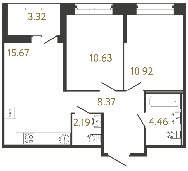 3-комнатная (Евро) квартира, 52.24 м² в ЖК "Ultra City 3.0" - планировка, фото №1