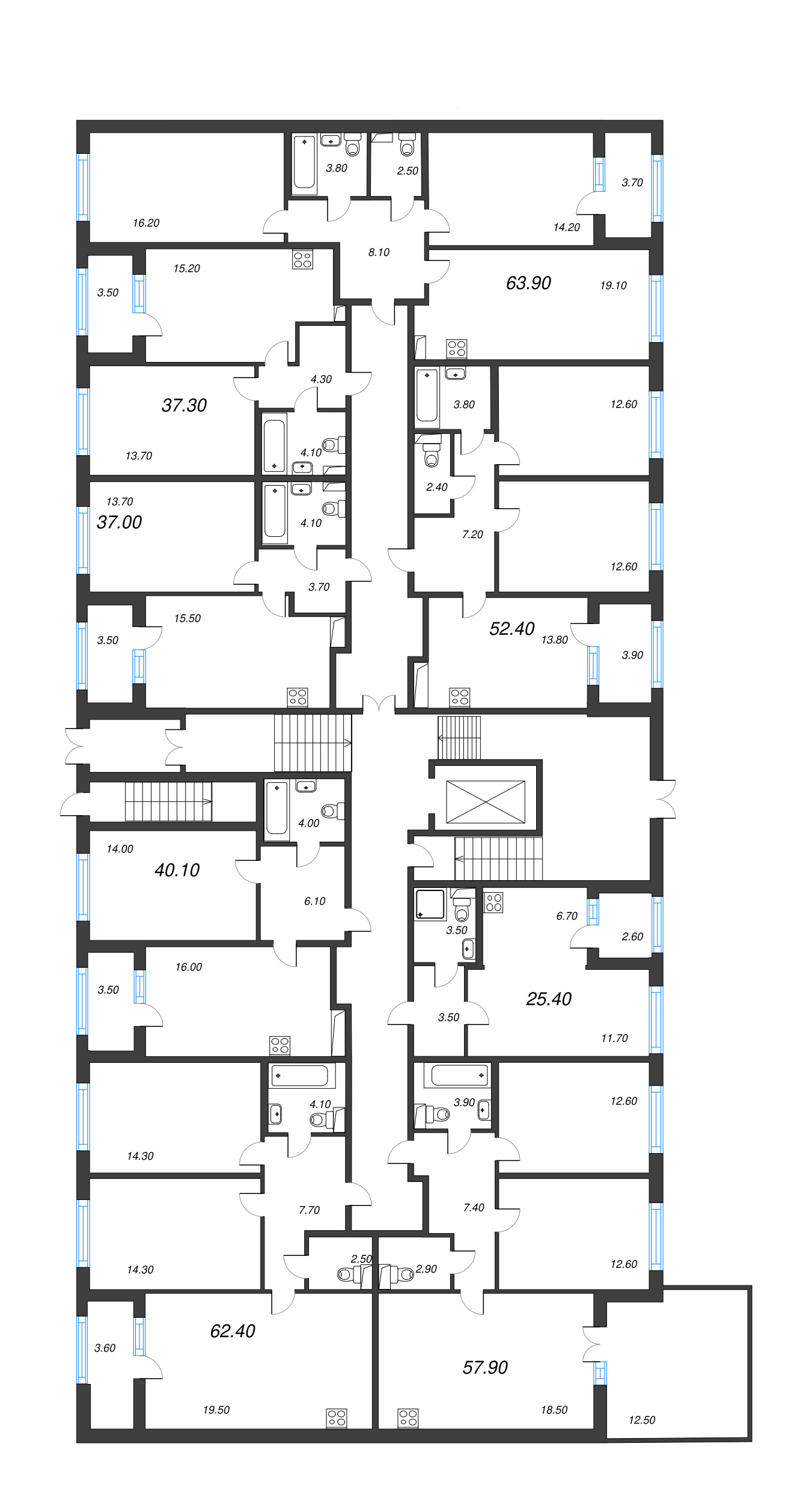 2-комнатная квартира, 52.4 м² в ЖК "Дубровский" - планировка этажа