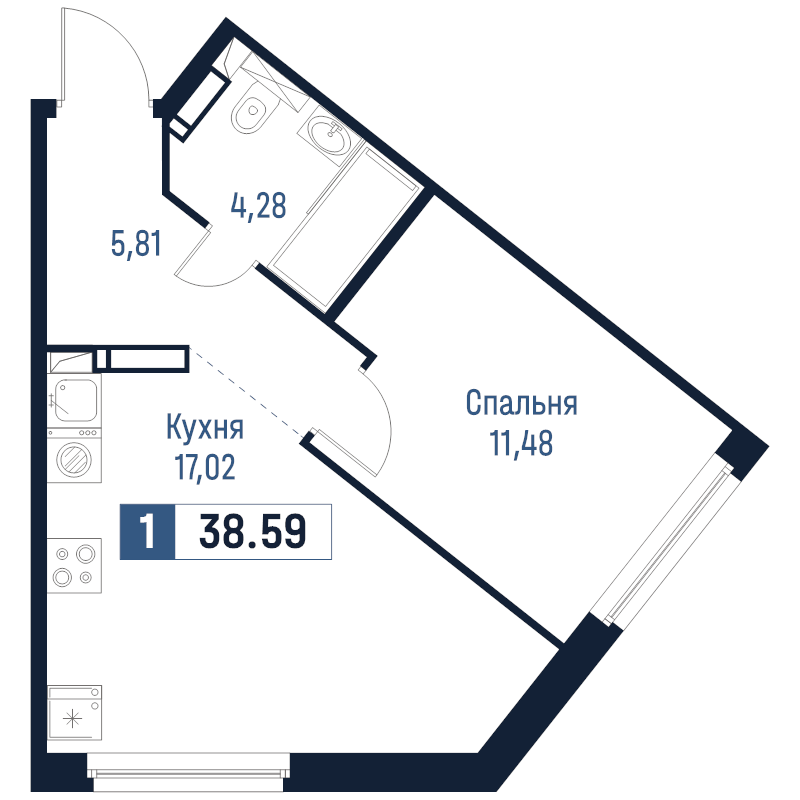 2-комнатная (Евро) квартира, 38.59 м² в ЖК "Максималист" - планировка, фото №1