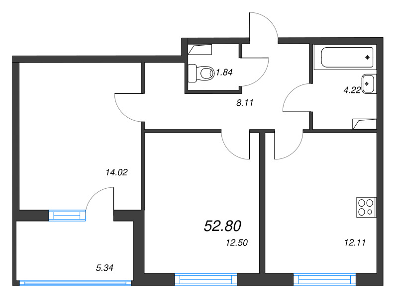2-комнатная квартира, 52.8 м² в ЖК "Любоград" - планировка, фото №1