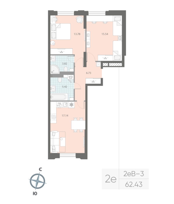 3-комнатная (Евро) квартира, 62.43 м² в ЖК "Цивилизация на неве" - планировка, фото №1