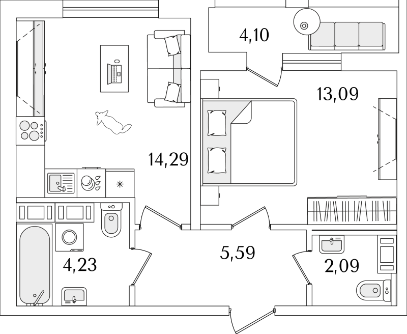 2-комнатная (Евро) квартира, 41.34 м² - планировка, фото №1