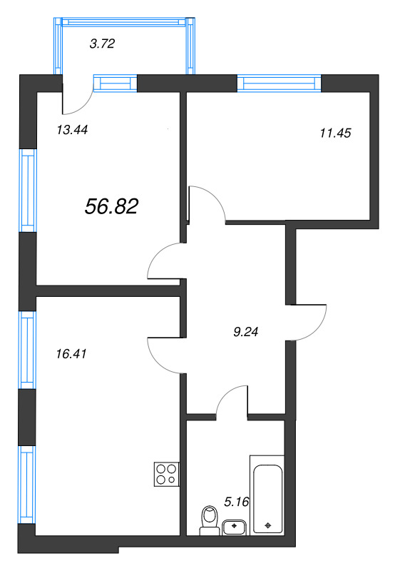 3-комнатная (Евро) квартира, 56.7 м² - планировка, фото №1