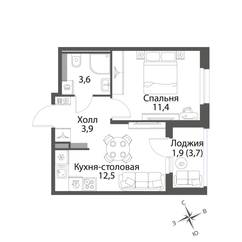 1-комнатная квартира, 33.3 м² в ЖК "Экография" - планировка, фото №1